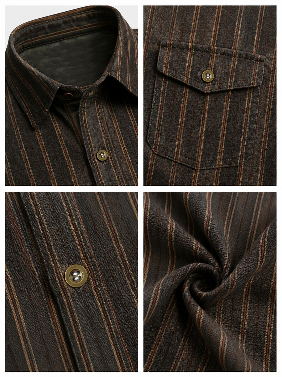 Men's Rugged Casual Button-Down Vertical Stripe Utility Shirt