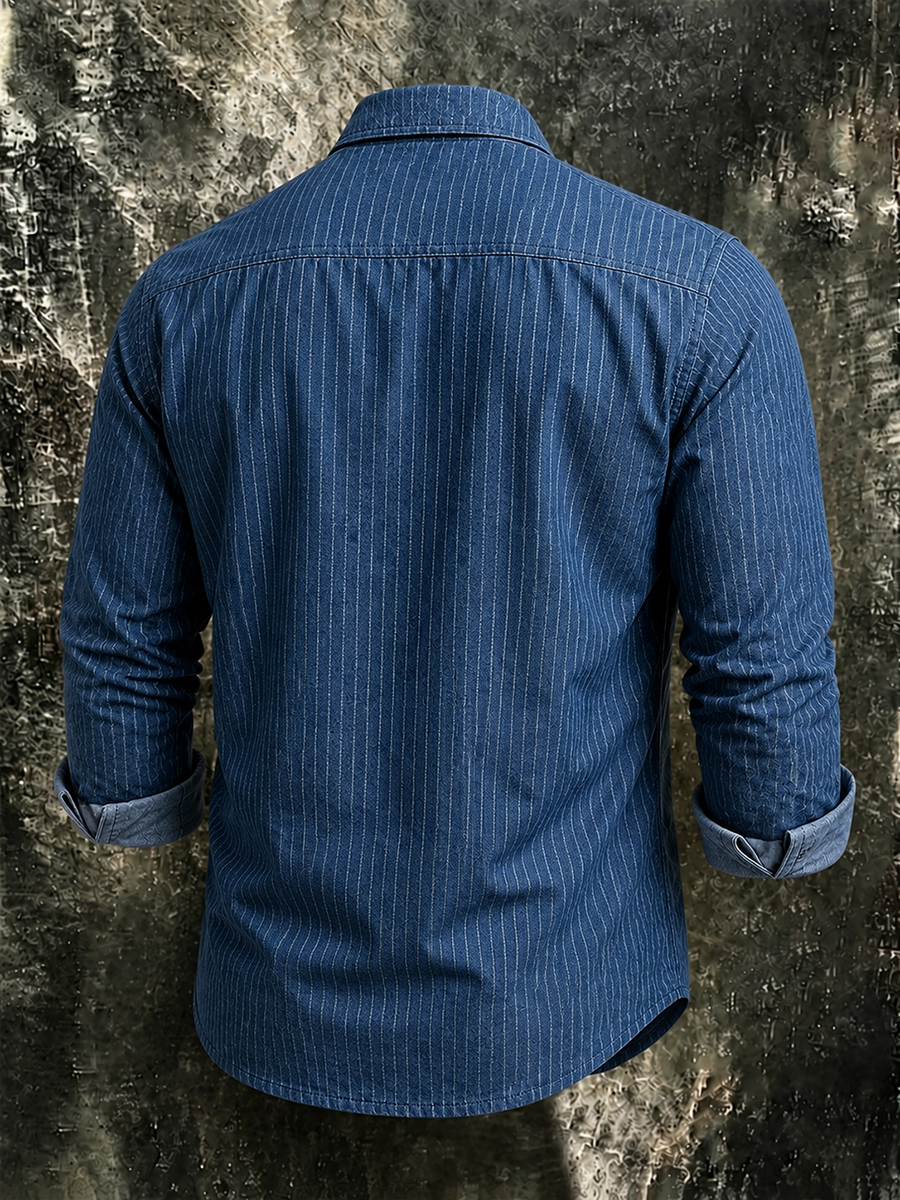 Men's Vintage Denim Style Stripe Print Long-Sleeve Shirt with Dual Pockets