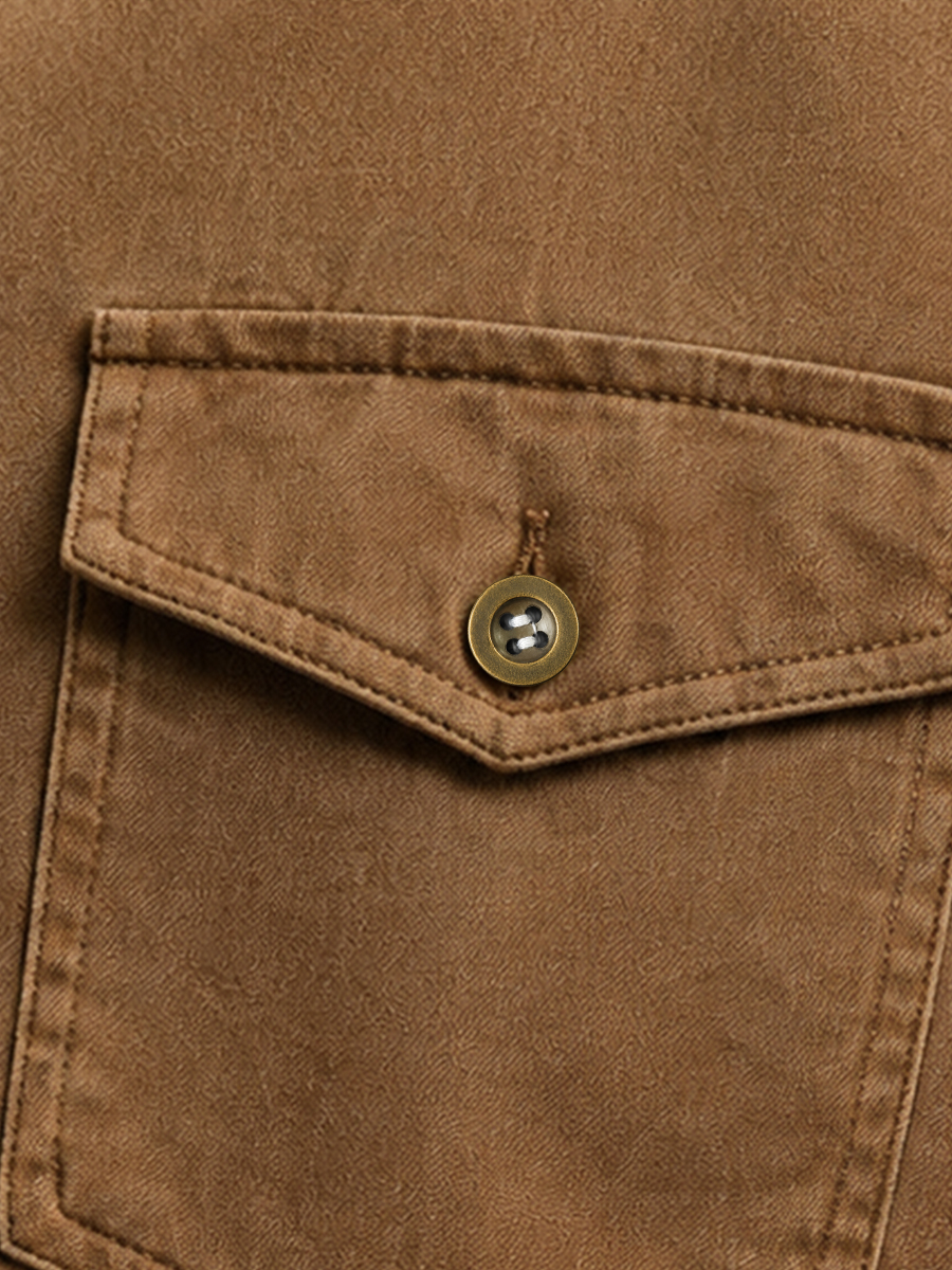 Men's Vintage Solid Long-Sleeve Utility Shirt with Dual Pockets