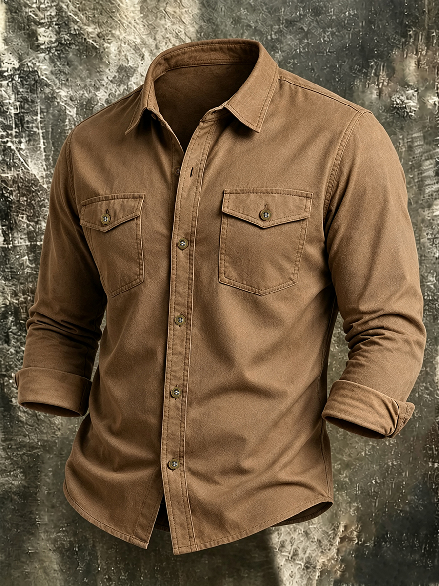 Men's Vintage Solid Long-Sleeve Utility Shirt with Dual Pockets