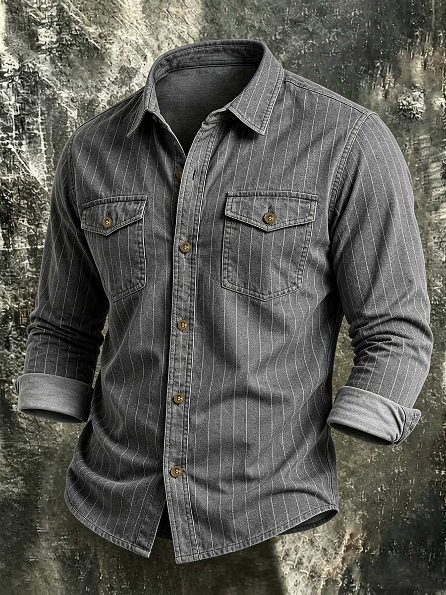 Men's Rugged Stripe Long-Sleeve Shirt with Flap Dual Pockets