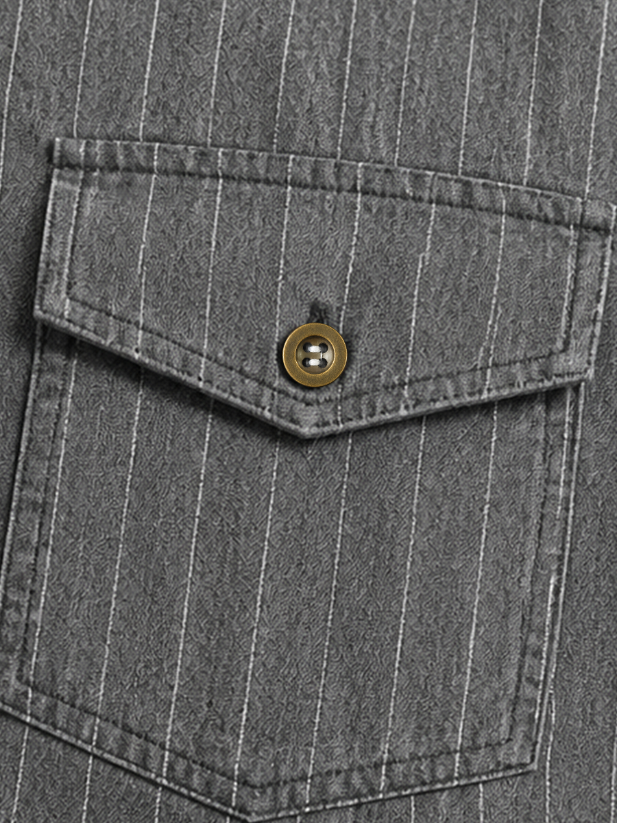 Men's Rugged Stripe Long-Sleeve Shirt with Flap Dual Pockets