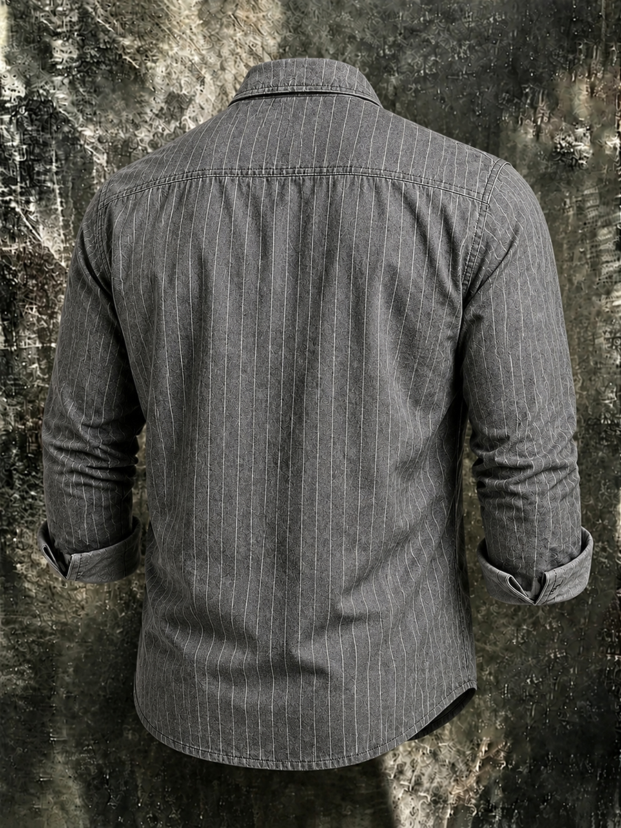 Men's Rugged Stripe Long-Sleeve Shirt with Flap Dual Pockets