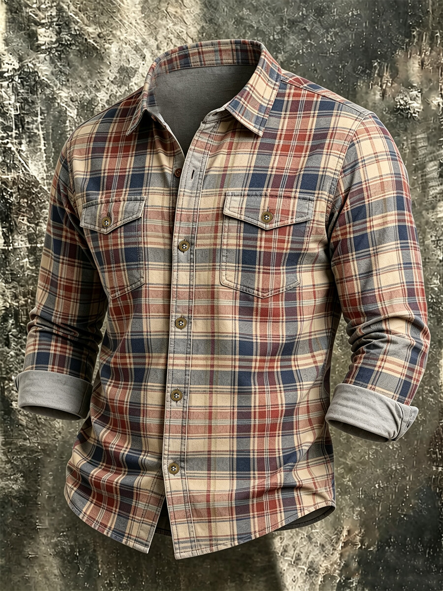 Men's Rustic Western Plaid Print Long-Sleeve Shirt with Dual Pockets