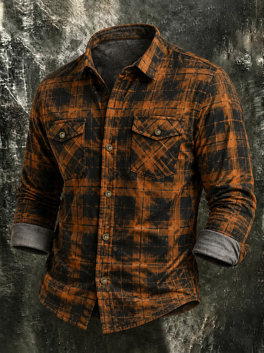 Men's Vintage Dark Plaid Long-Sleeve Shirt with Dual Pockets Casual Button-Down Workwear Shirt