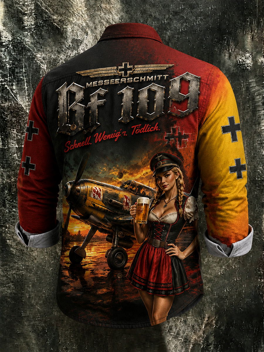 Men's Bf 109 Vintage Pilot Girl Beer Print Long-Sleeve Shirt with Dual Pockets
