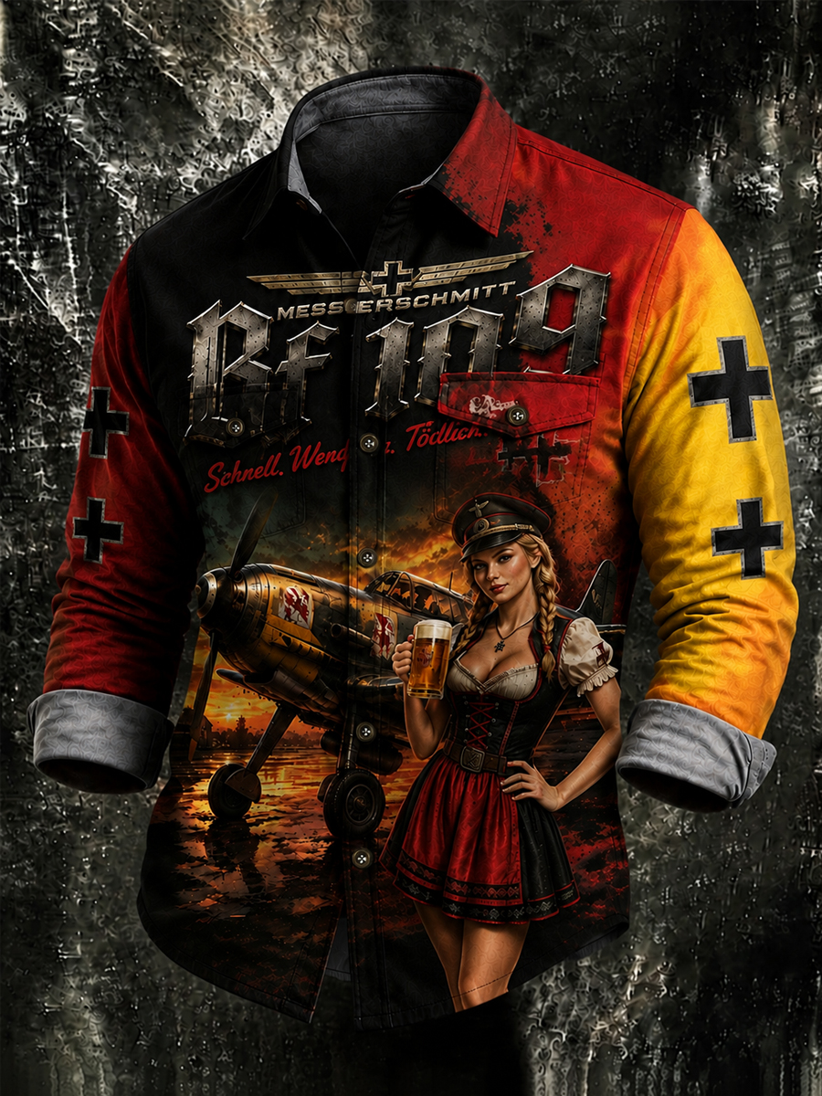 Men's Bf 109 Vintage Pilot Girl Beer Print Long-Sleeve Shirt with Dual Pockets