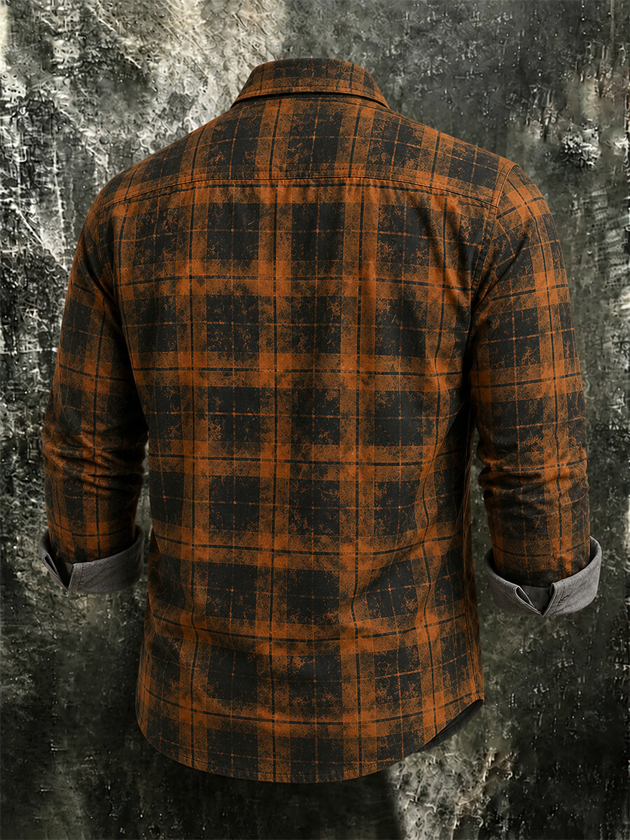 Men's Vintage Dark Plaid Long-Sleeve Shirt with Dual Pockets Casual Button-Down Workwear Shirt