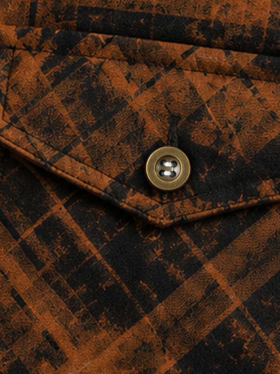 Men's Vintage Dark Plaid Long-Sleeve Shirt with Dual Pockets Casual Button-Down Workwear Shirt