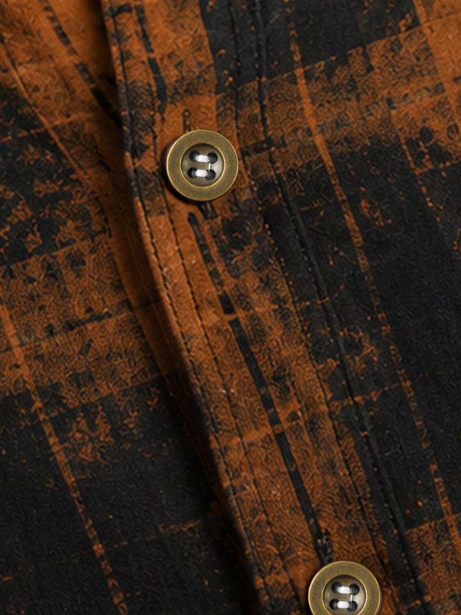 Men's Vintage Dark Plaid Long-Sleeve Shirt with Dual Pockets Casual Button-Down Workwear Shirt