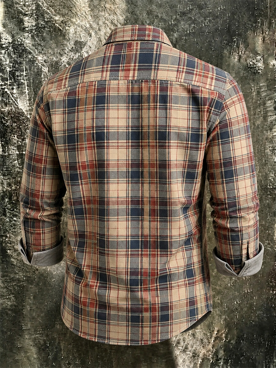 Men's Rustic Western Plaid Print Long-Sleeve Shirt with Dual Pockets