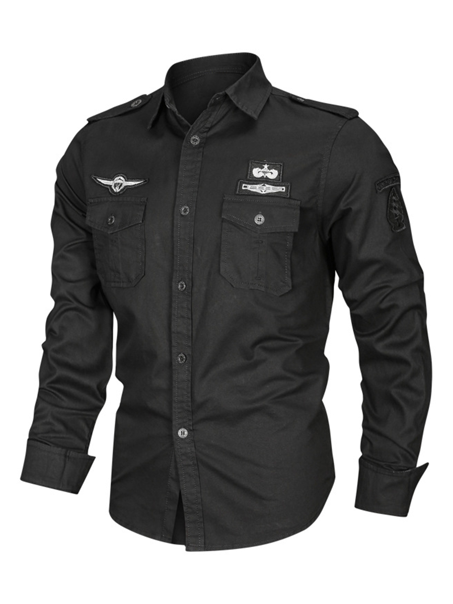 Men's Vintage Shirt Collar Epaulets Chest Pockets Long Sleeve Shirt