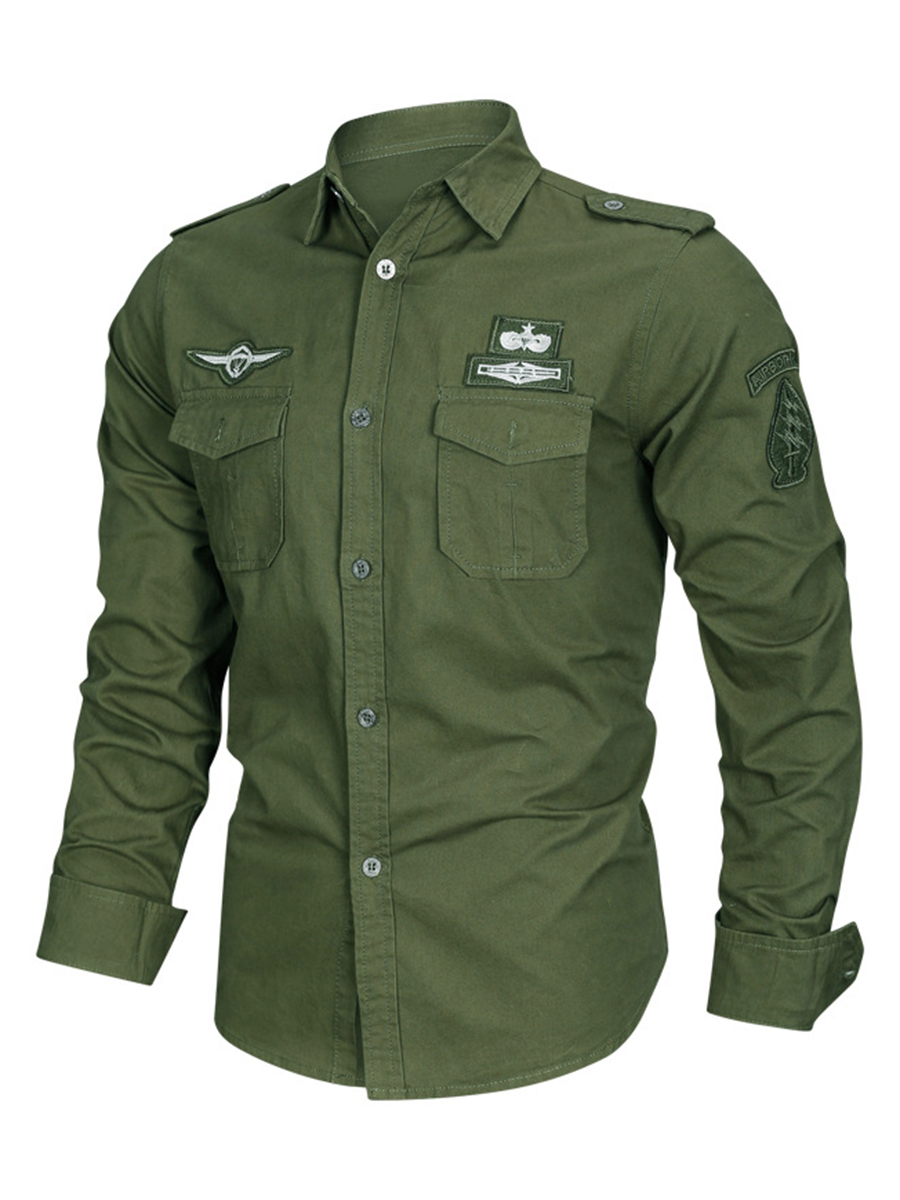 Men's Vintage Shirt Collar Epaulets Chest Pockets Long Sleeve Shirt