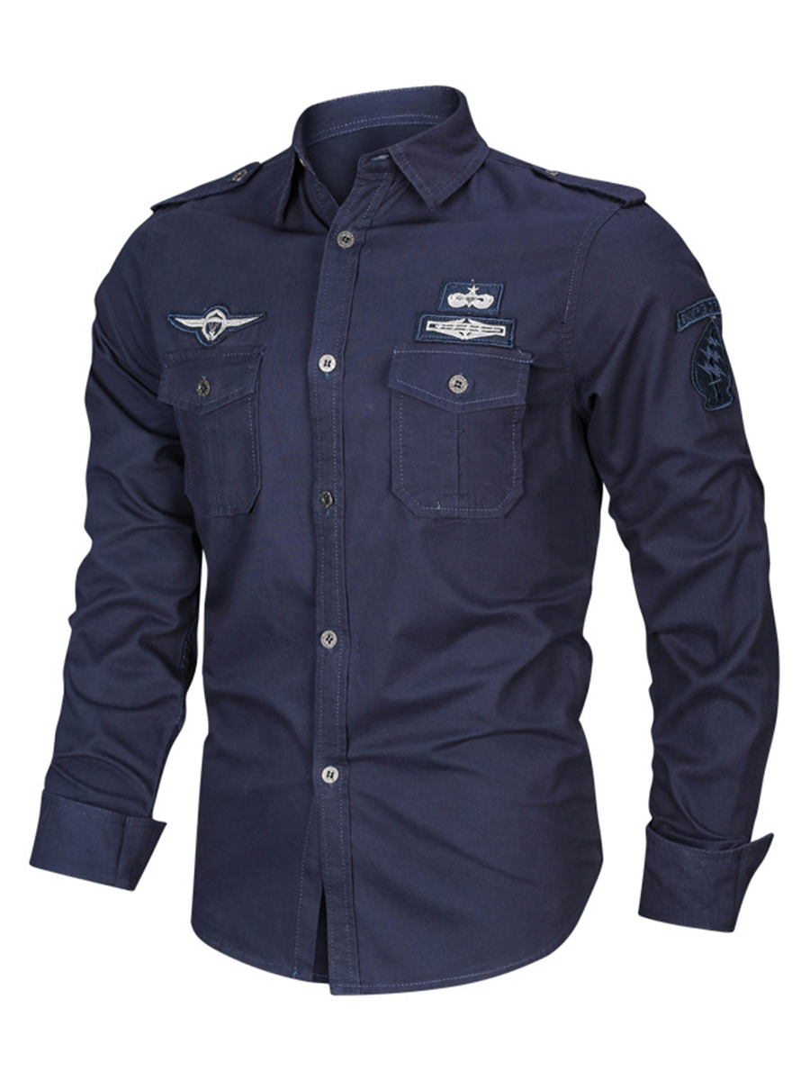 Men's Vintage Shirt Collar Epaulets Chest Pockets Long Sleeve Shirt