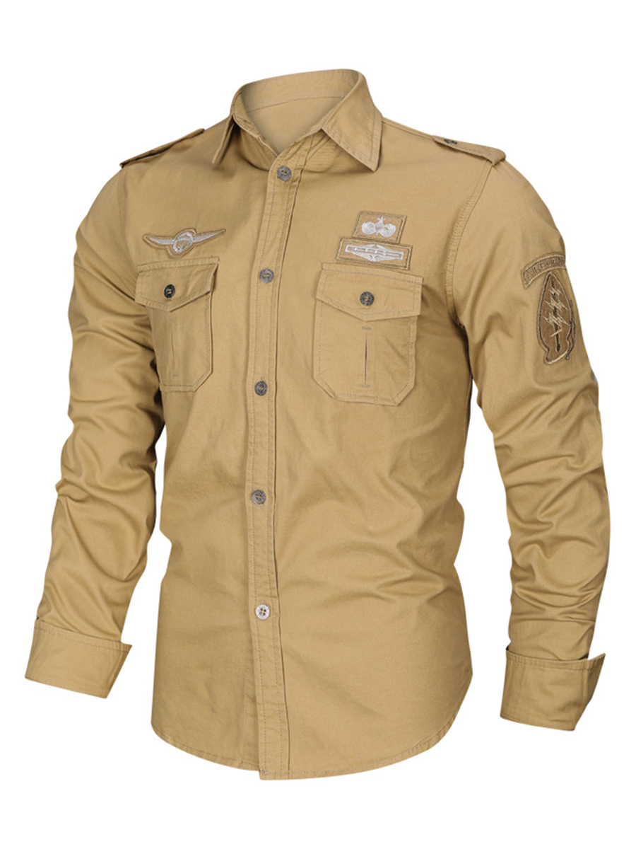 Men's Vintage Shirt Collar Epaulets Chest Pockets Long Sleeve Shirt