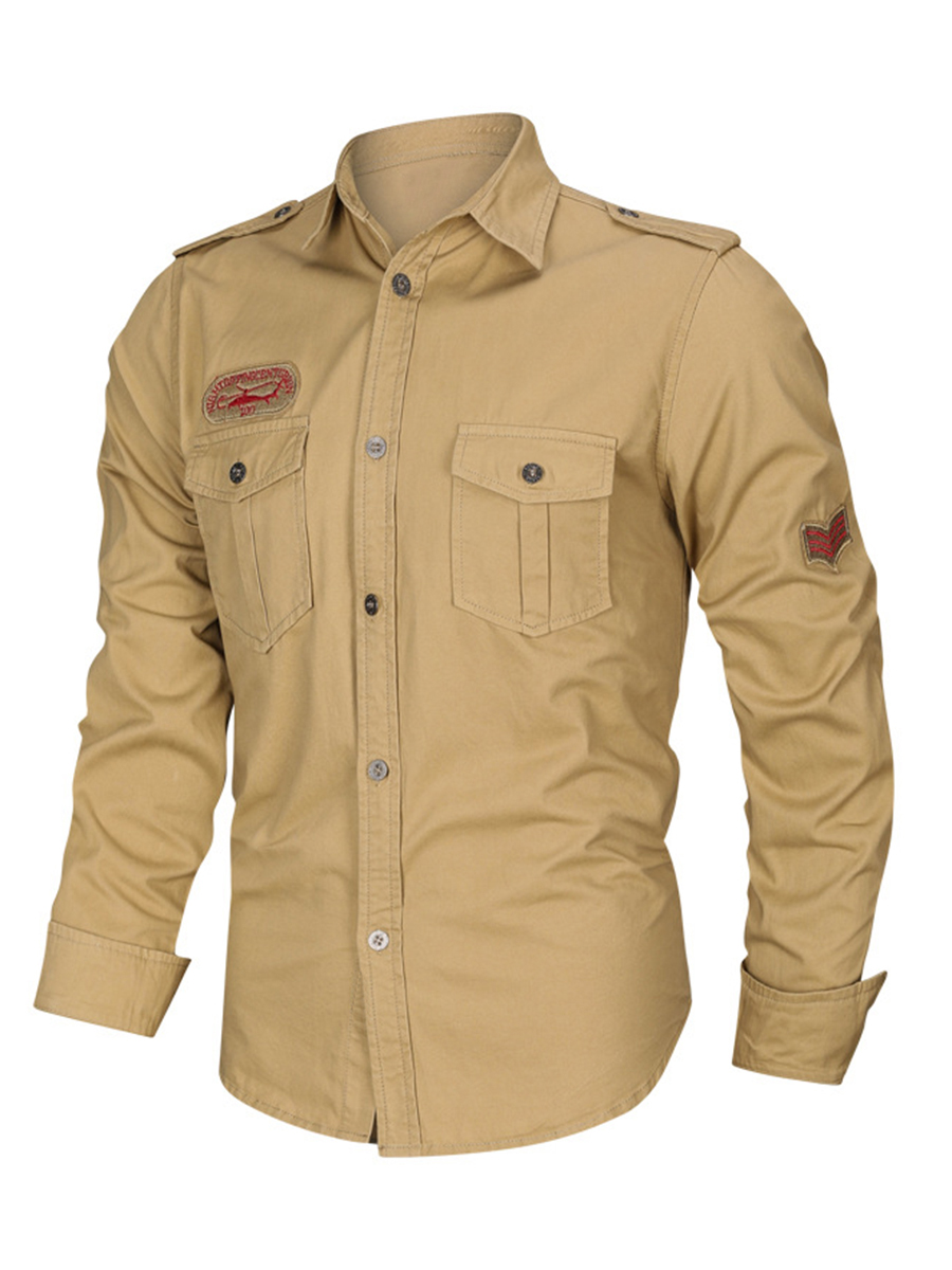 Men's Vintage Solid Color Epaulets Embroidery Patches Button Chest Pockets Long Sleeve Outdoor Shirt