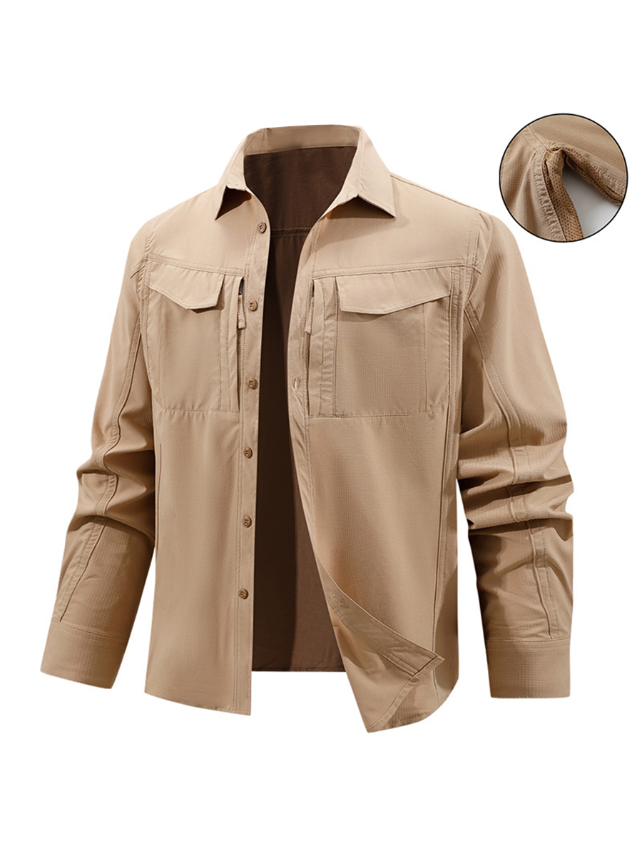 Men's Solid Color Button Front Chest Pockets Zipper Detail Underarm Vent Long Sleeve Outdoor Shirt