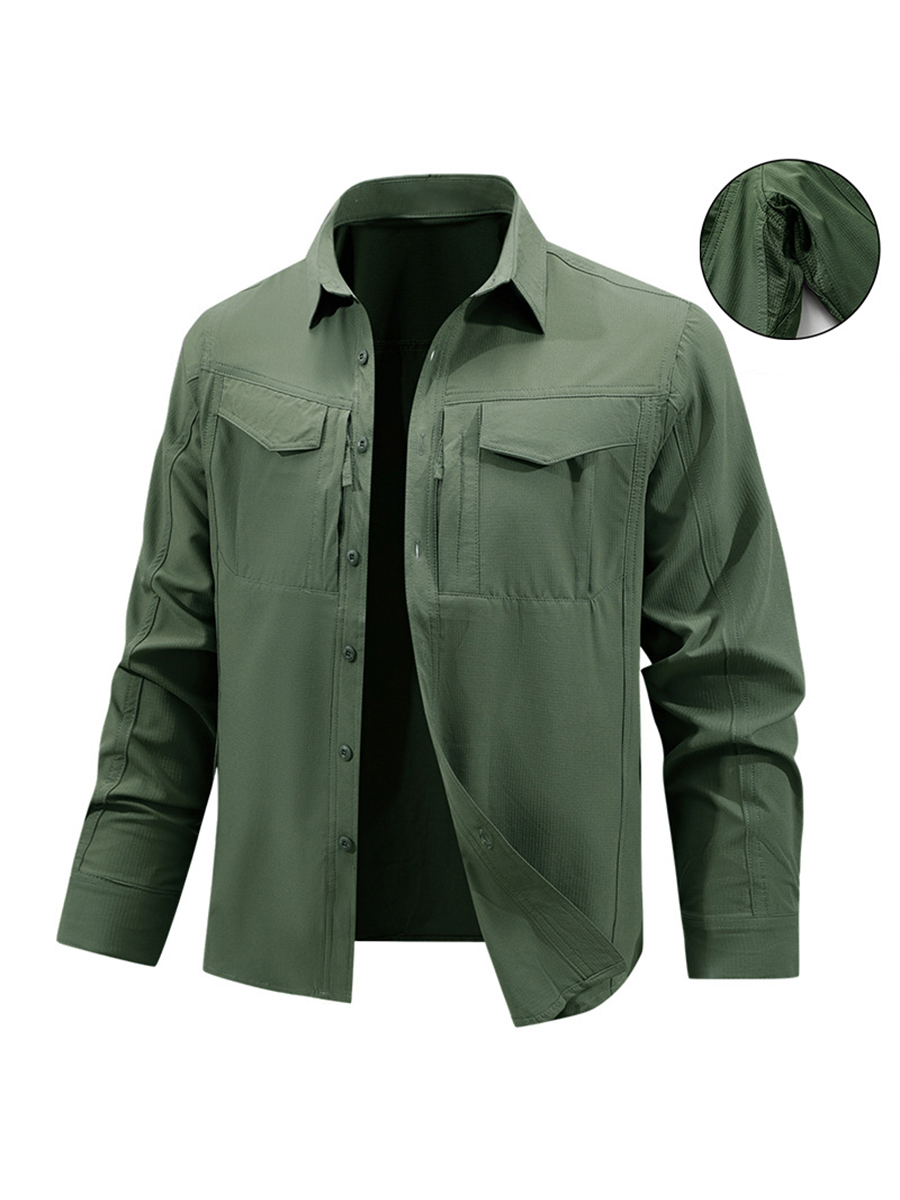 Men's Solid Color Button Front Chest Pockets Zipper Detail Underarm Vent Long Sleeve Outdoor Shirt