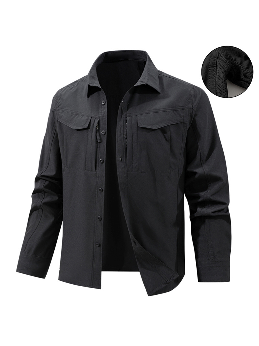 Men's Solid Color Button Front Chest Pockets Zipper Detail Underarm Vent Long Sleeve Outdoor Shirt