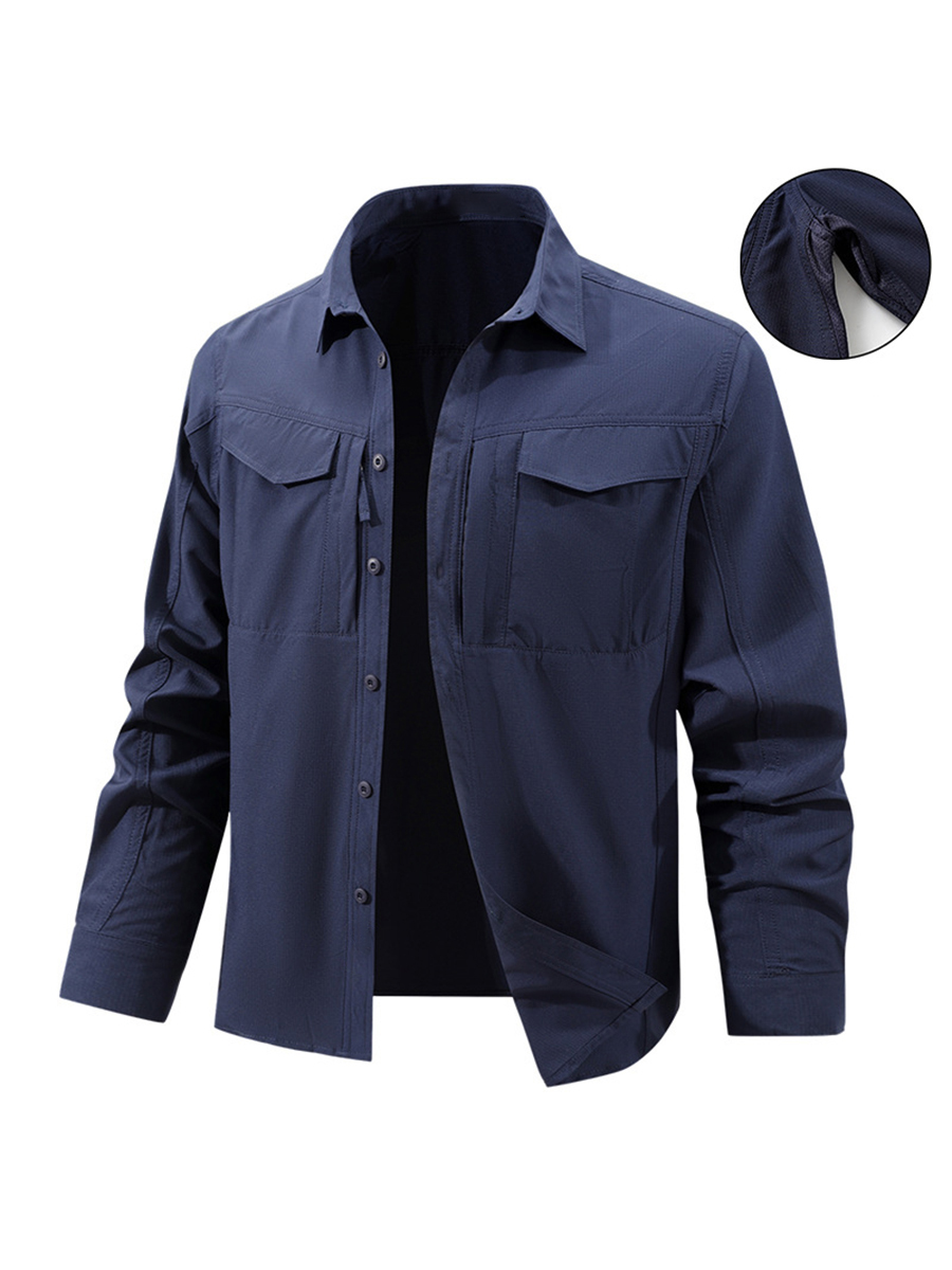 Men's Solid Color Button Front Chest Pockets Zipper Detail Underarm Vent Long Sleeve Outdoor Shirt