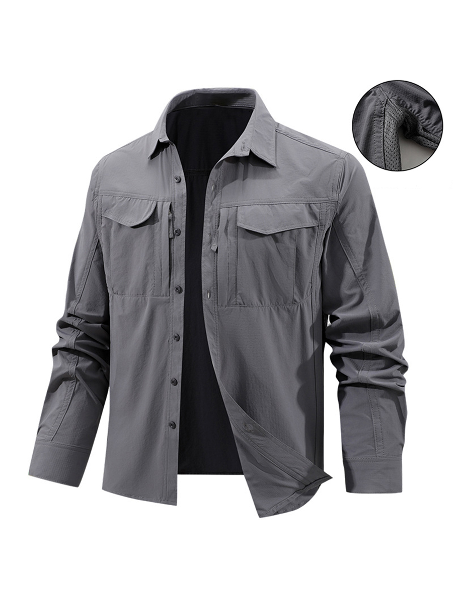 Men's Solid Color Button Front Chest Pockets Zipper Detail Underarm Vent Long Sleeve Outdoor Shirt