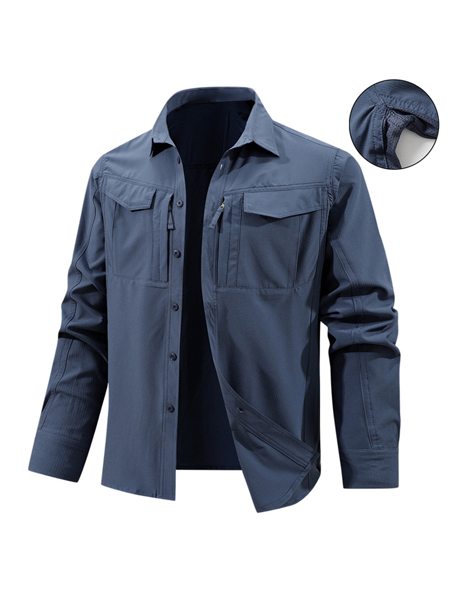 Men's Solid Color Button Front Chest Pockets Zipper Detail Underarm Vent Long Sleeve Outdoor Shirt