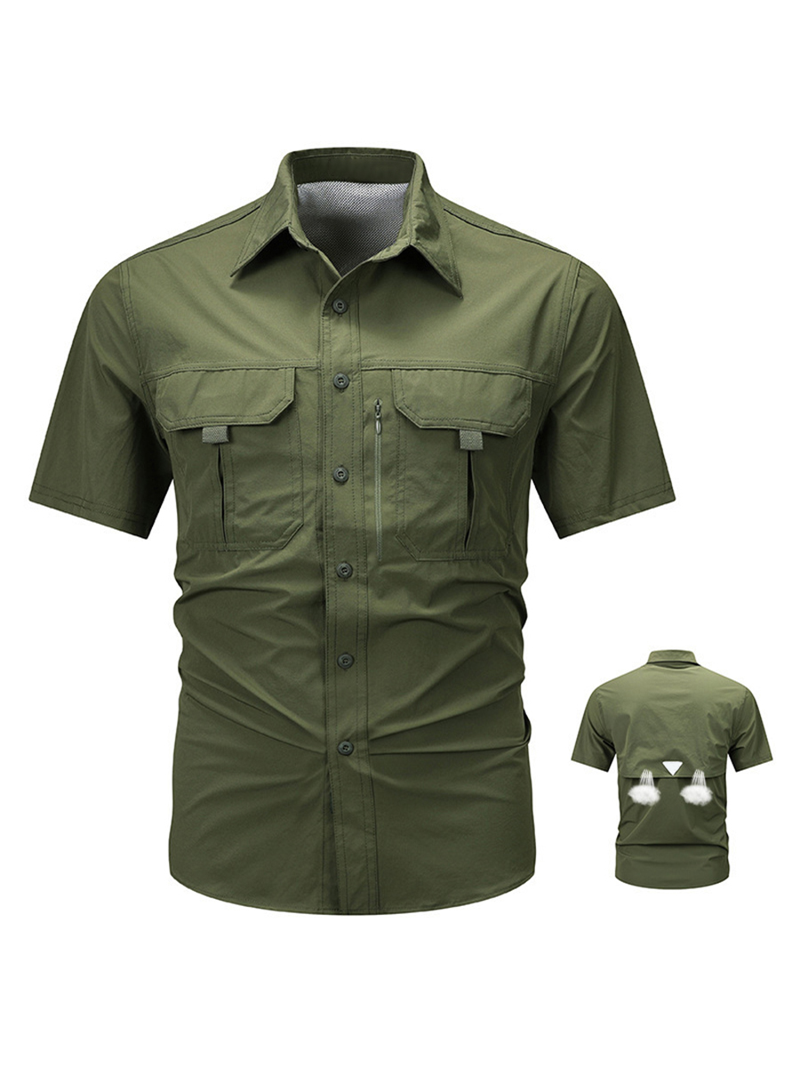 Men's Button Front Chest Pockets Zipper Detail Back Vent Short Sleeve Outdoor Quick Dry Shirt