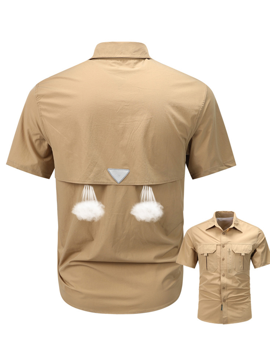 Men's Button Front Chest Pockets Zipper Detail Back Vent Short Sleeve Outdoor Quick Dry Shirt