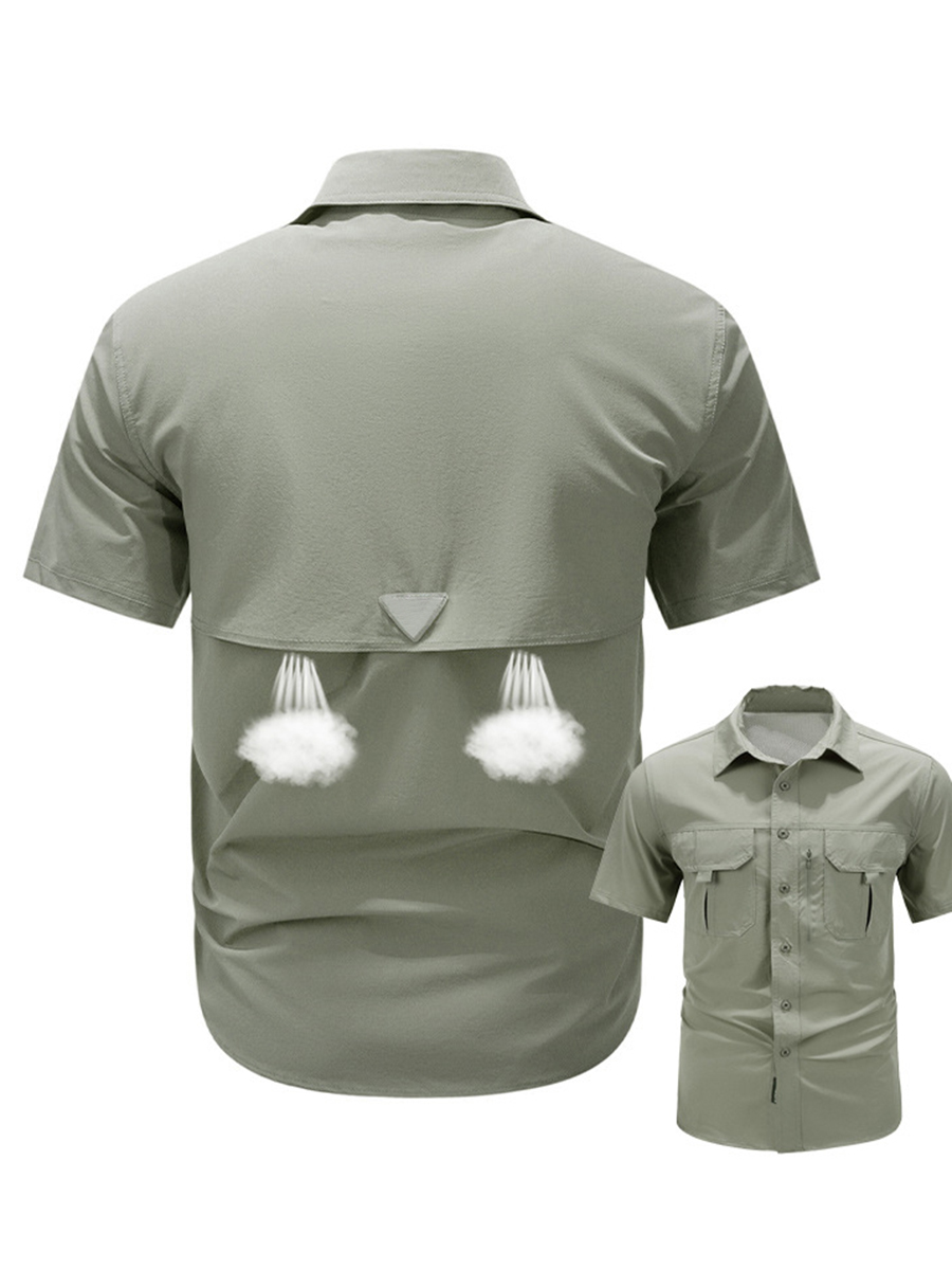 Men's Button Front Chest Pockets Zipper Detail Back Vent Short Sleeve Outdoor Quick Dry Shirt
