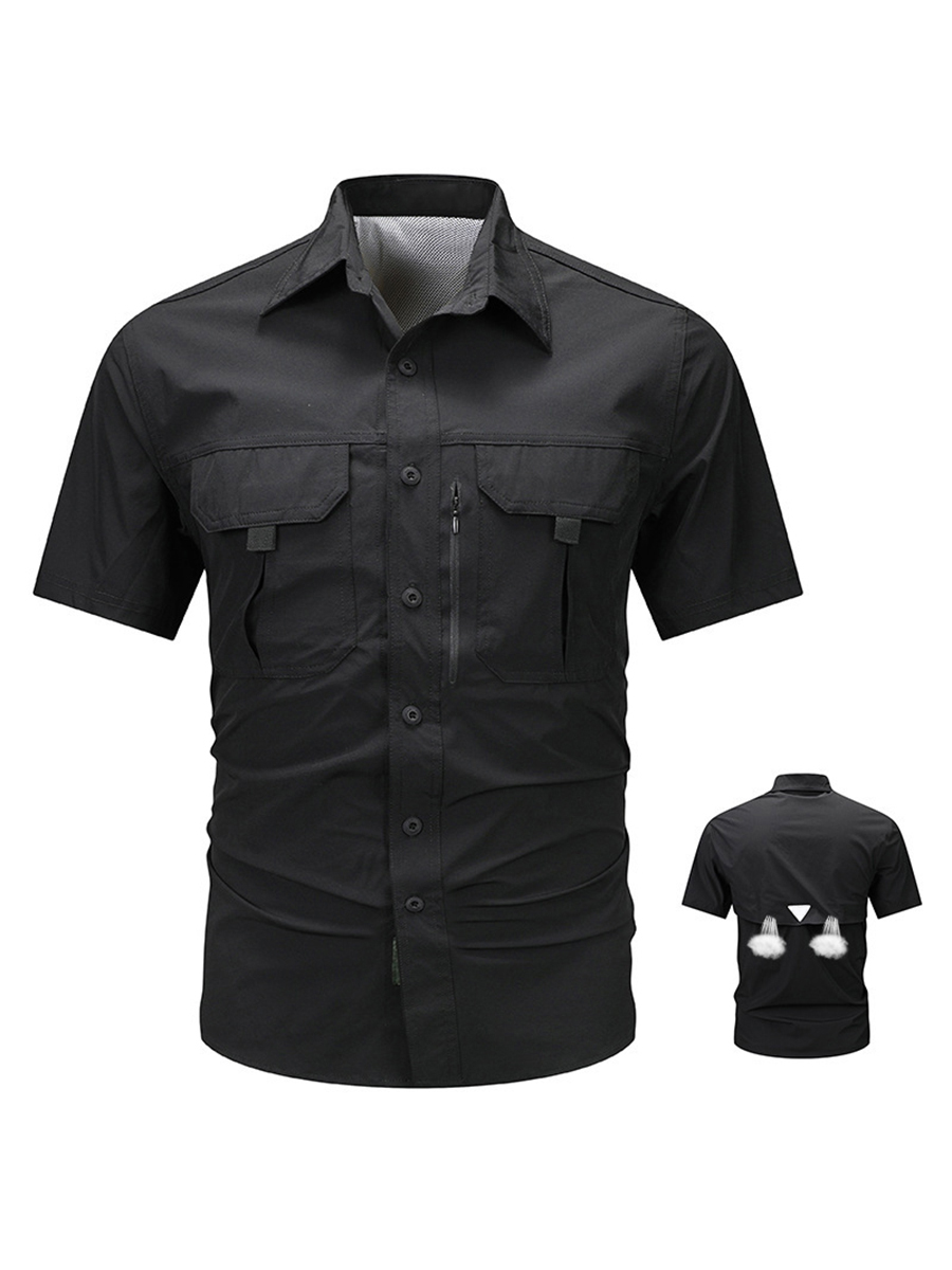 Men's Button Front Chest Pockets Zipper Detail Back Vent Short Sleeve Outdoor Quick Dry Shirt
