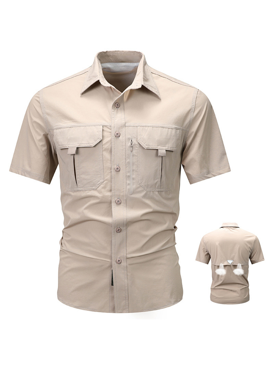 Men's Button Front Chest Pockets Zipper Detail Back Vent Short Sleeve Outdoor Quick Dry Shirt
