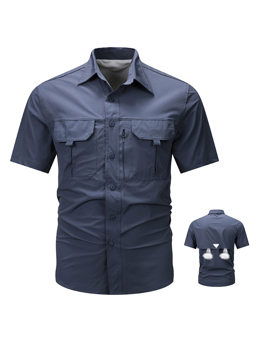 Men's Button Front Chest Pockets Zipper Detail Back Vent Short Sleeve Outdoor Quick Dry Shirt