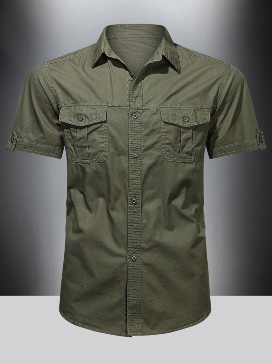 Men's Jeep Style Button Front Chest Pockets OFF-ROAD Print Short Sleeve Shirt