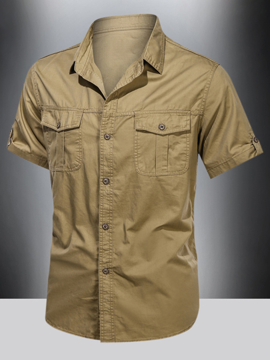 Men's Jeep Style Button Front Chest Pockets OFF-ROAD Print Short Sleeve Shirt