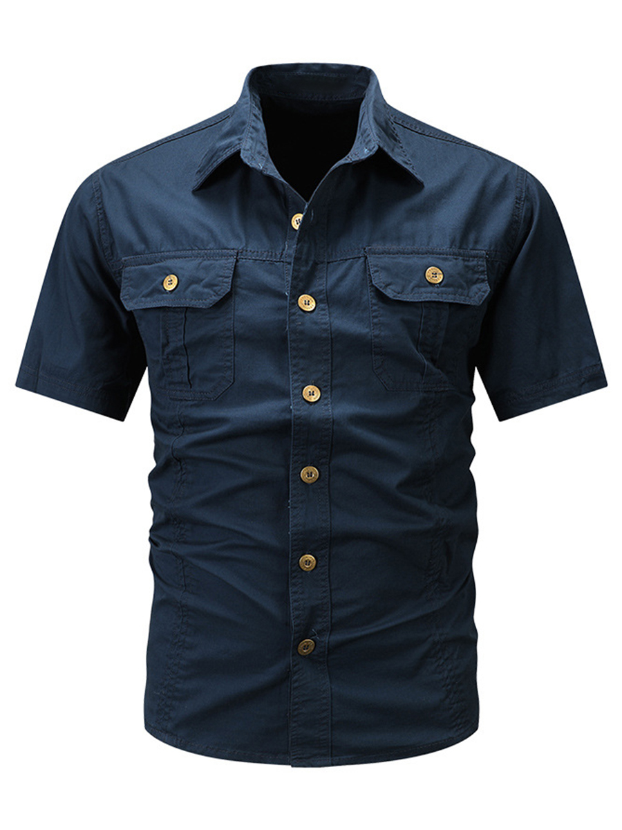 Men's Solid Color Shirt Collar Button Front Chest Pockets Short Sleeve Daily Casual Shirt