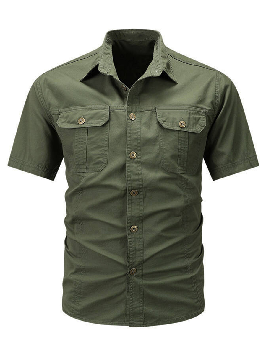 Men's Solid Color Shirt Collar Button Front Chest Pockets Short Sleeve Daily Casual Shirt