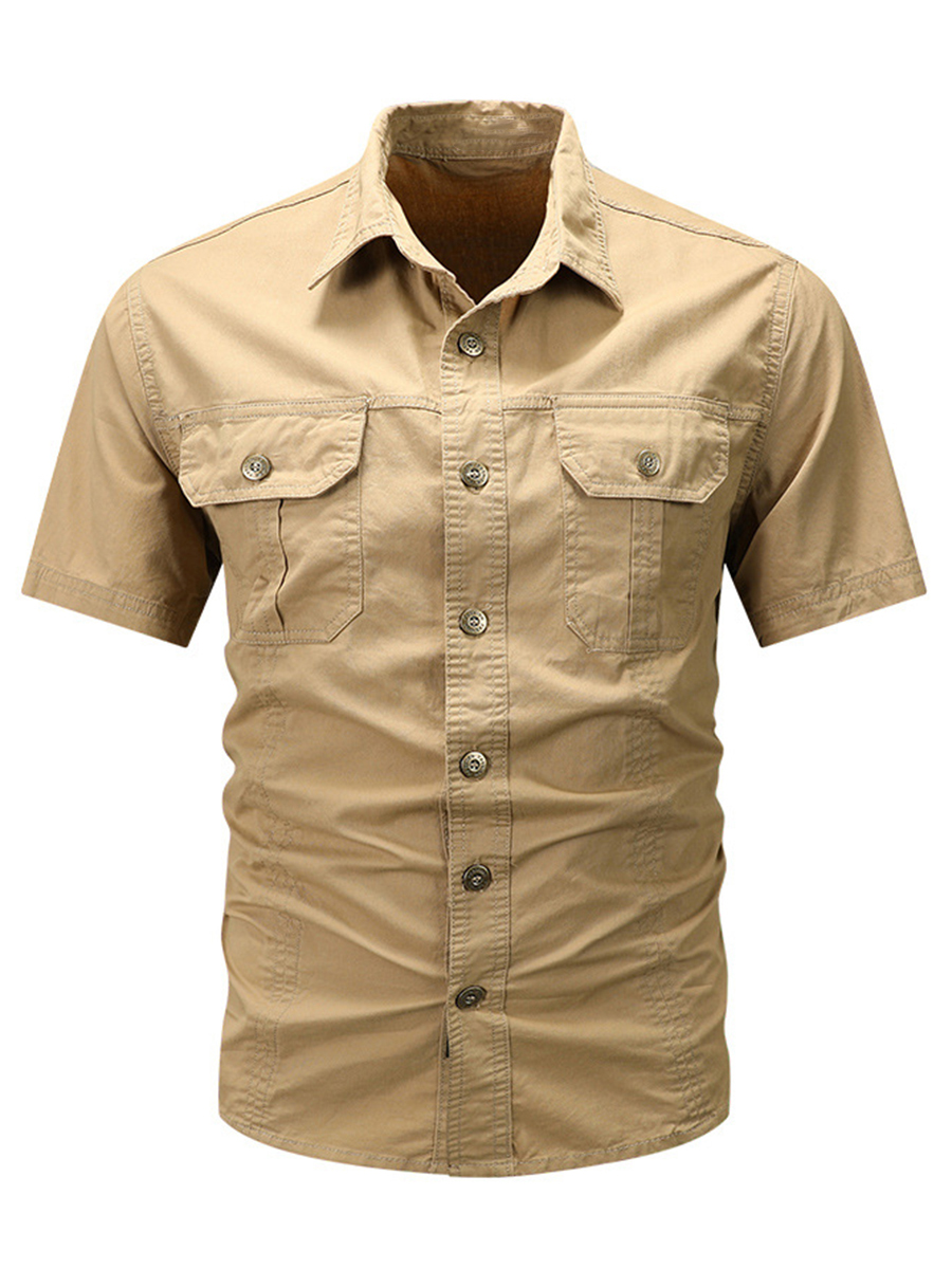 Men's Solid Color Shirt Collar Button Front Chest Pockets Short Sleeve Daily Casual Shirt
