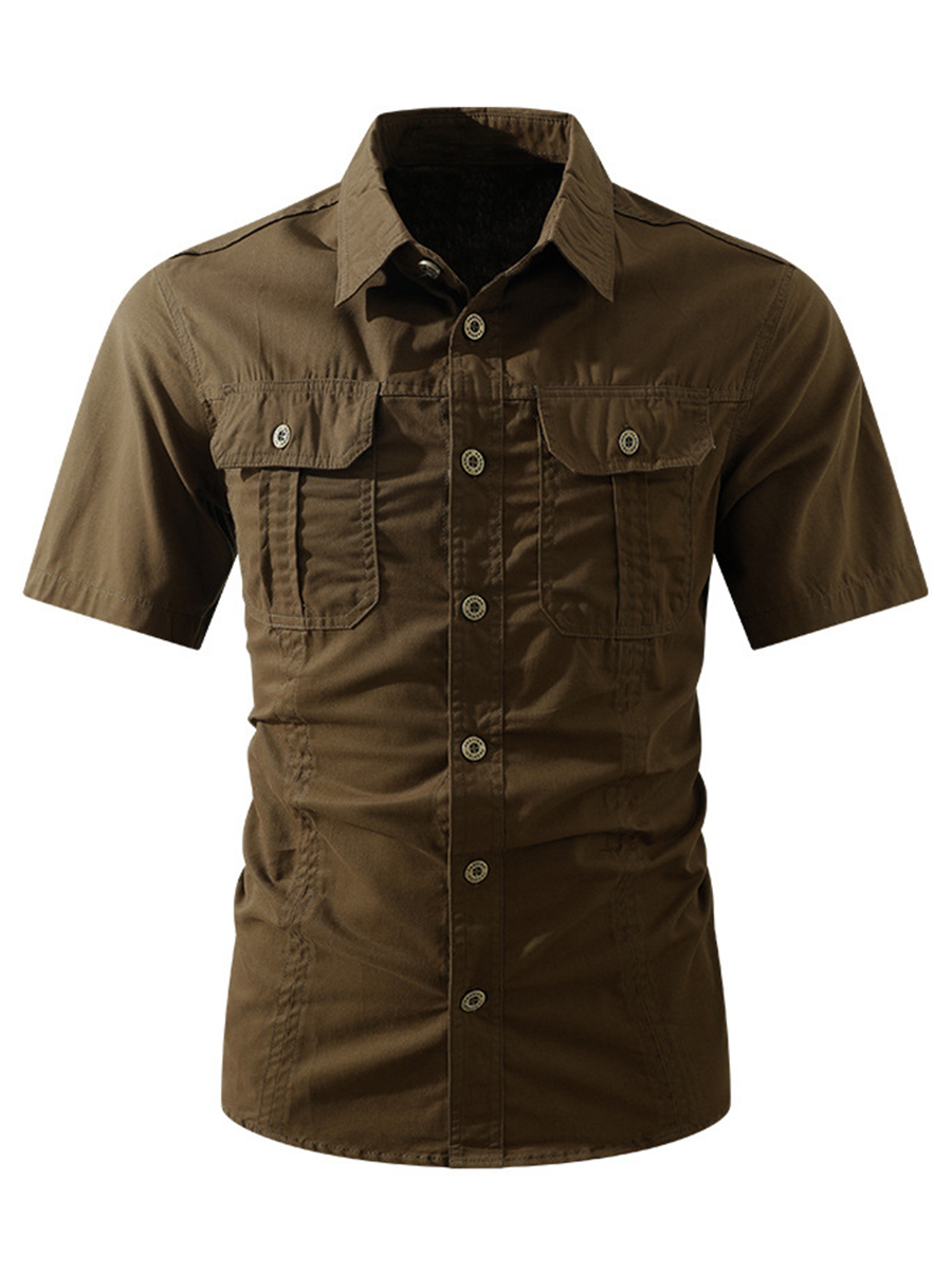 Men's Solid Color Shirt Collar Button Front Chest Pockets Short Sleeve Daily Casual Shirt