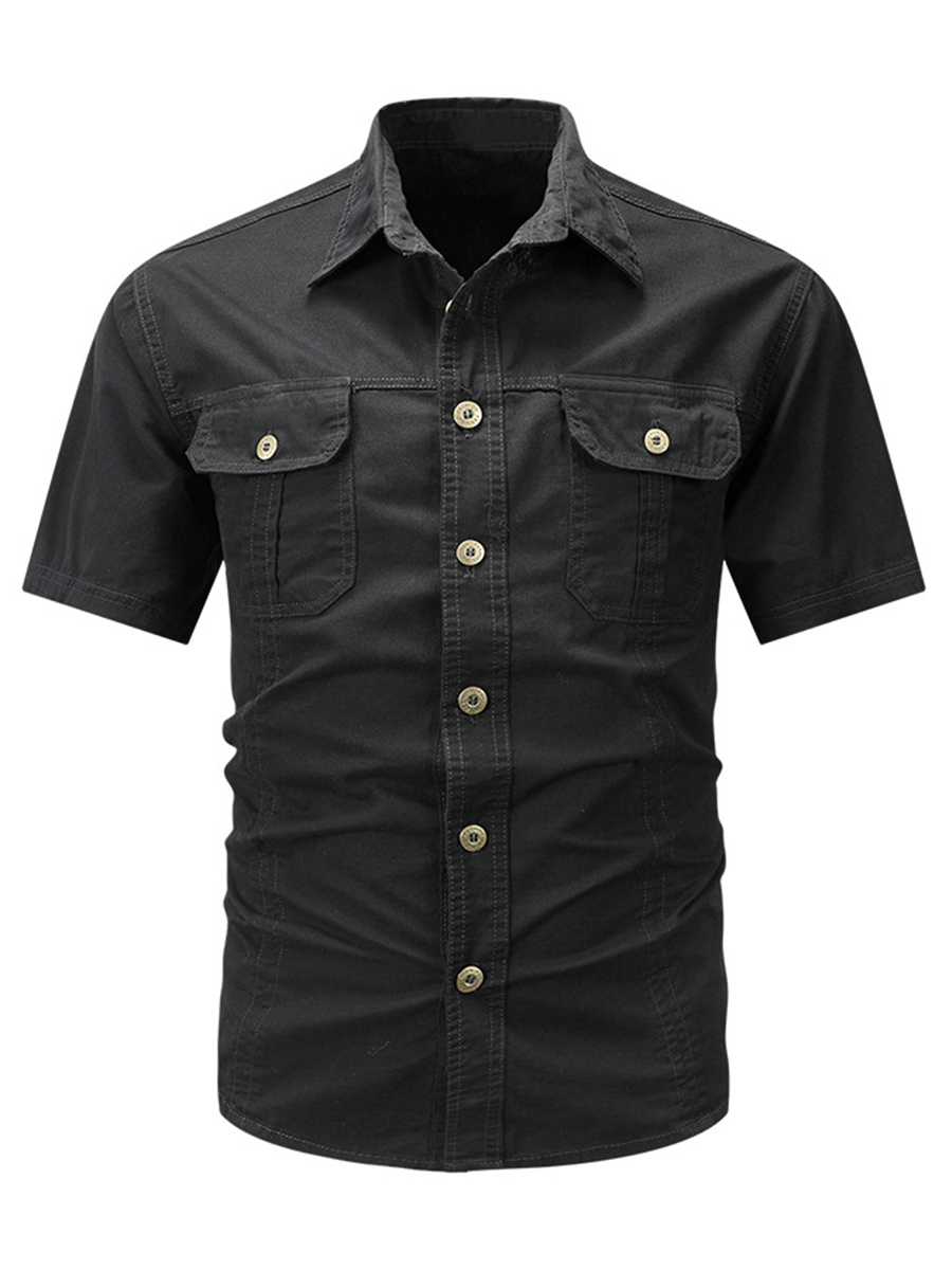 Men's Solid Color Shirt Collar Button Front Chest Pockets Short Sleeve Daily Casual Shirt