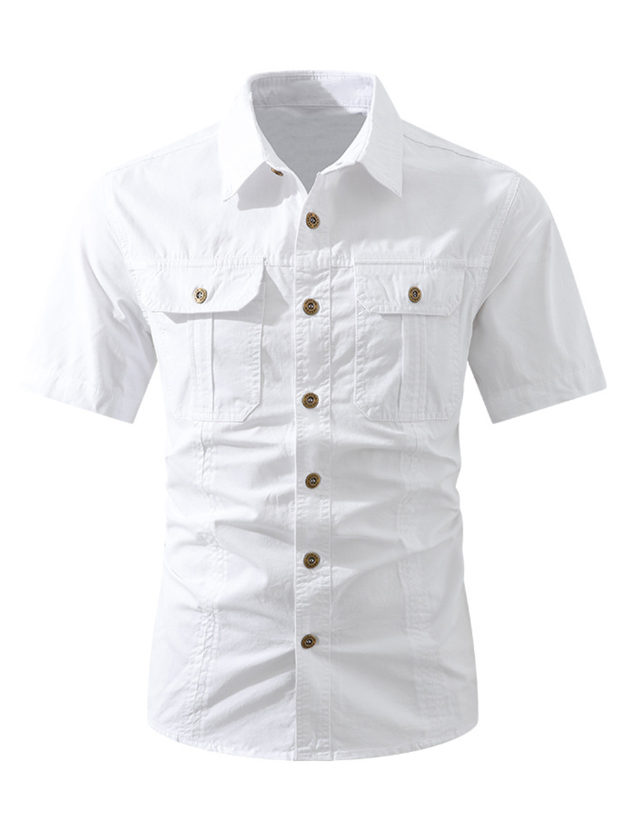 Men's Solid Color Shirt Collar Button Front Chest Pockets Short Sleeve Daily Casual Shirt