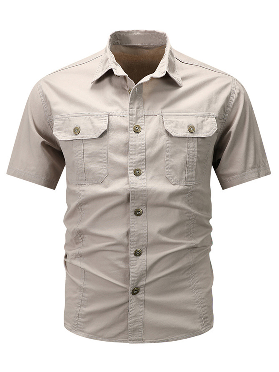 Men's Solid Color Shirt Collar Button Front Chest Pockets Short Sleeve Daily Casual Shirt