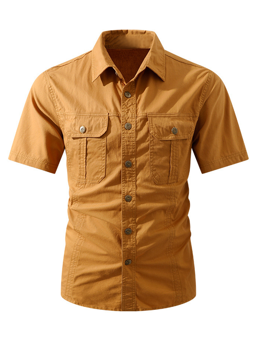 Men's Solid Color Shirt Collar Button Front Chest Pockets Short Sleeve Daily Casual Shirt