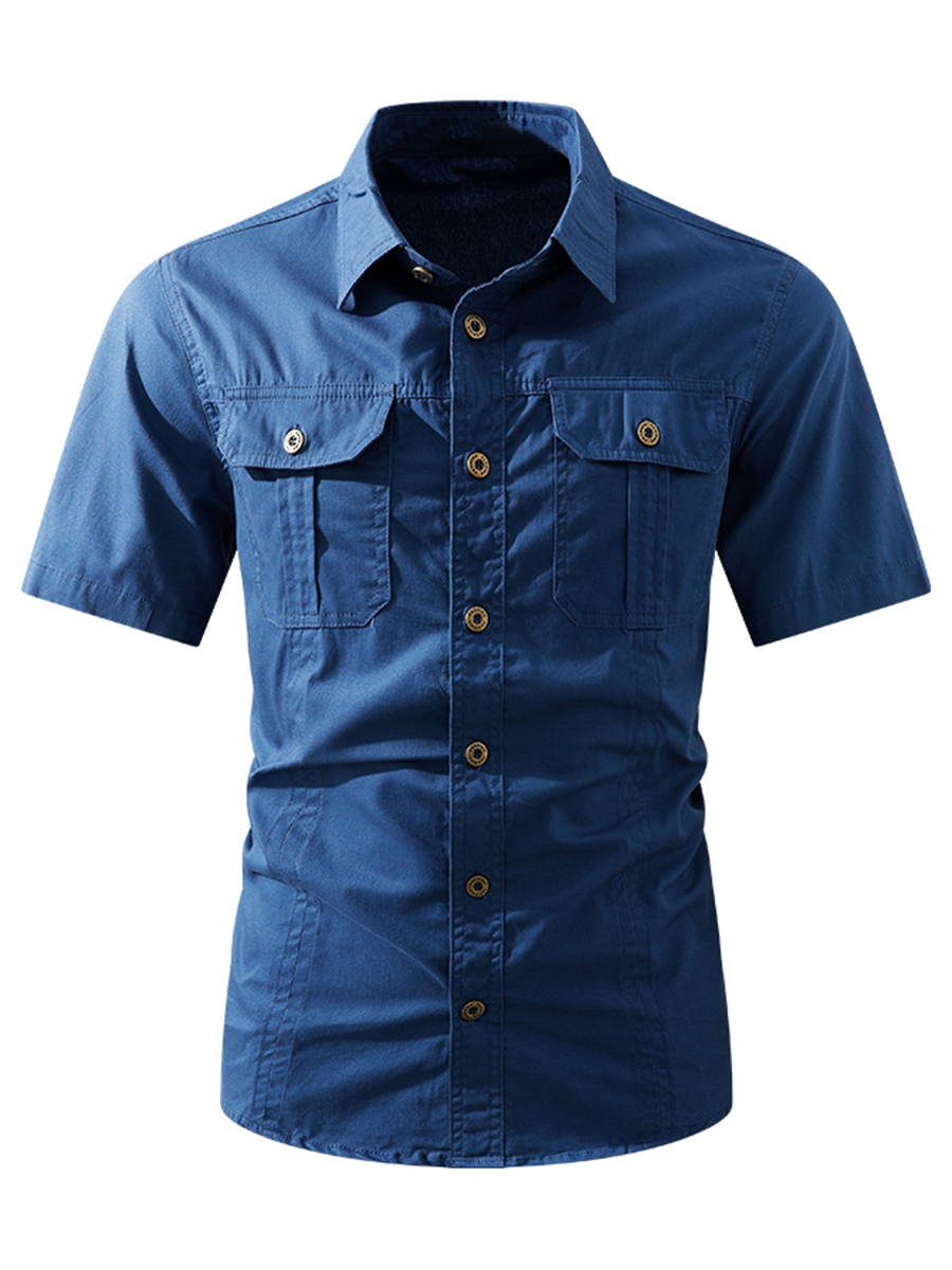 Men's Solid Color Shirt Collar Button Front Chest Pockets Short Sleeve Daily Casual Shirt