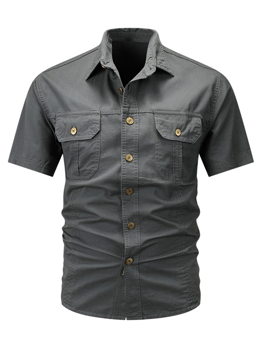 Men's Solid Color Shirt Collar Button Front Chest Pockets Short Sleeve Daily Casual Shirt