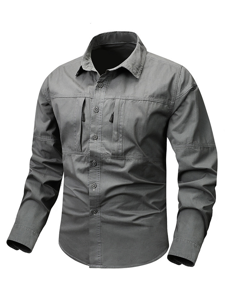 Men's Solid Color Button Front Zipper Chest Pockets Long Sleeve Outdoor Casual Shirt