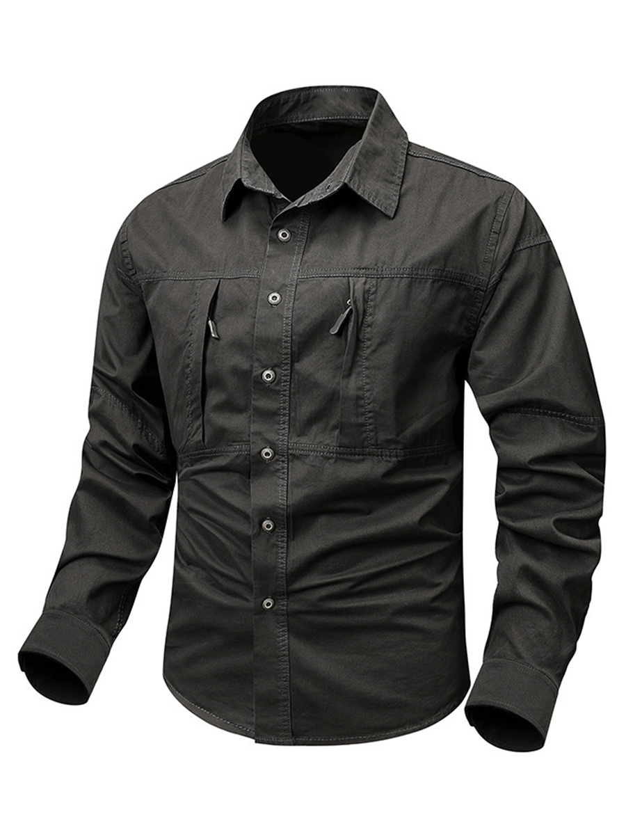 Men's Solid Color Button Front Zipper Chest Pockets Long Sleeve Outdoor Casual Shirt