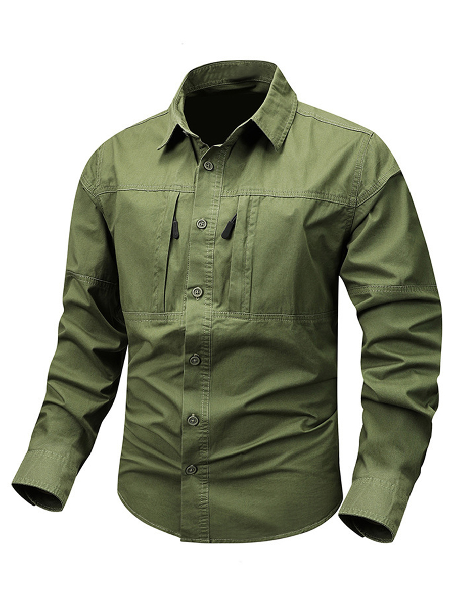 Men's Solid Color Button Front Zipper Chest Pockets Long Sleeve Outdoor Casual Shirt