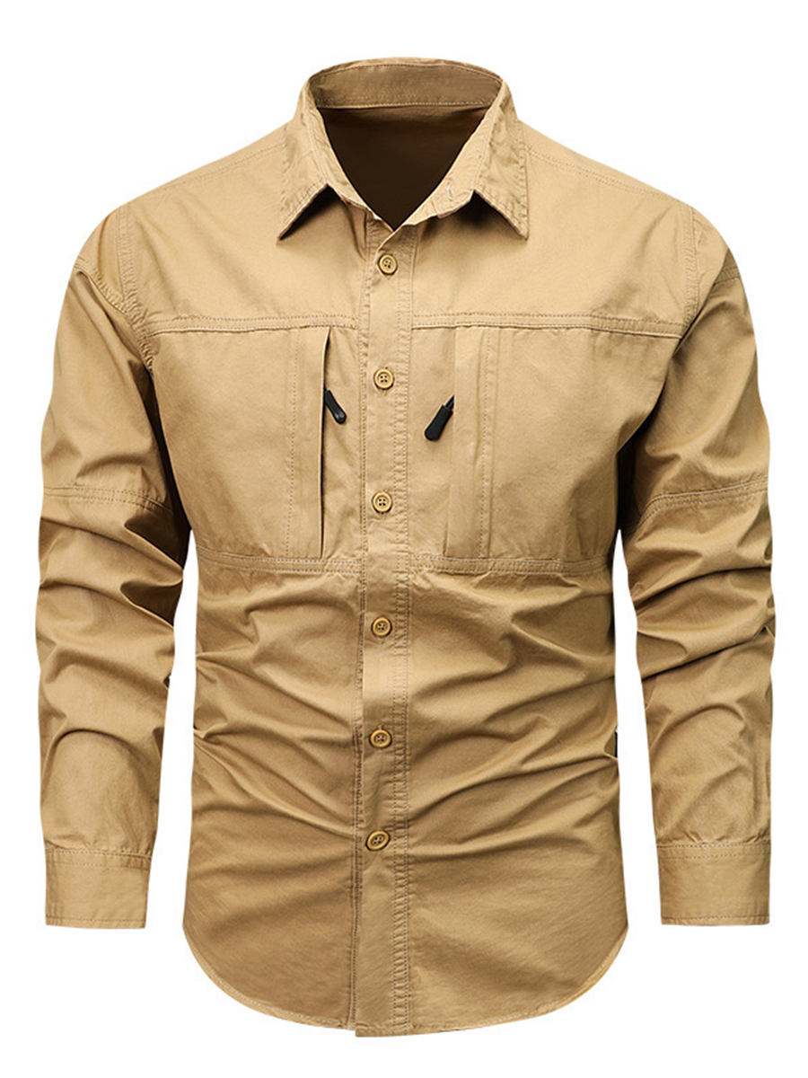 Men's Solid Color Button Front Zipper Chest Pockets Long Sleeve Outdoor Casual Shirt