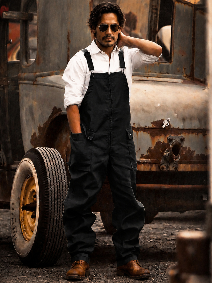 Men's Vintage Cargo Overalls | Rugged Canvas Workwear Jumpsuit with Multi-Pockets