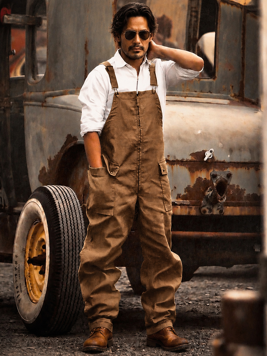 Men's Vintage Cargo Overalls | Rugged Canvas Workwear Jumpsuit with Multi-Pockets